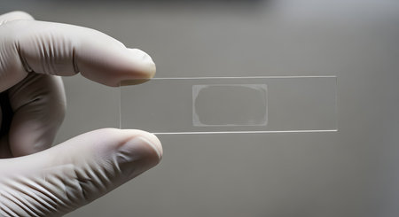 A close-up shot of a hand wearing a white disposable latex glove, carefully holding a clear glass microscope slide. The image is set against a neutral, out-of-focus background, suggesting a laboratory, medical, or scientific environment.の素材