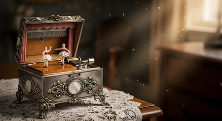 An antique silver music box sits open on a lace doily, revealing two tiny ballerina figurines. The warm, nostalgic scene with dust motes in the air evokes memories, childhood, classical music, and precious keepsakes.の素材