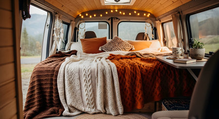 The warm and inviting interior of a converted camper van, featuring a neatly made bed with cozy blankets and pillows in earthy tones. String lights, dreamcatchers, and wood paneling create a bohemian and hygge atmosphere, perfect for van life and travel.の素材