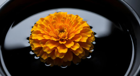A single, vibrant orange marigold flower floats serenely in the center of a black bowl filled with dark water. The high contrast and minimalist composition create a sense of calm, beauty, and tranquility, suitable for spa or wellness themes.の素材