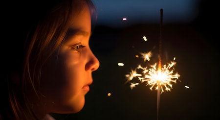 A close-up profile portrait of a young girl's face illuminated by a burning sparkler. The sparks create a pattern of light on her skin as she watches it intently in the dark.の素材