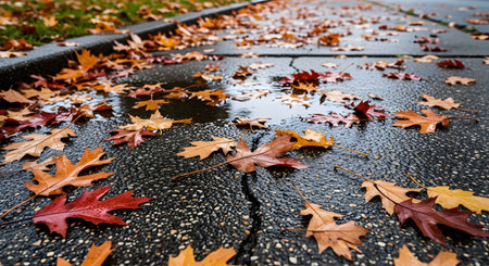 Colorful red and orange autumn leaves lie scattered on a wet, dark asphalt sidewalk after a rain. Small puddles on the ground reflect the overcast sky, creating a moody, seasonal atmosphere.の素材