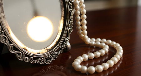 An elegant string of white pearls is draped beside an antique, ornate vanity mirror resting on a dark wood surface. A bright, soft light is perfectly reflected in the mirror, creating a classic and timeless composition. The image evokes concepts of luxury, beauty, nostalgia, and feminine elegance.の素材