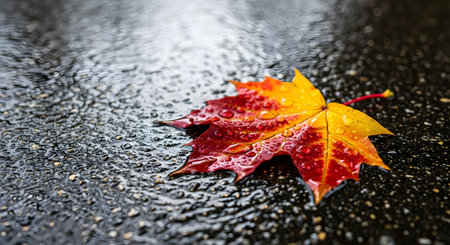 A single, vibrant autumn maple leaf, colored in red and yellow, rests on a wet, dark asphalt surface. Raindrops cling to the leaf and create a textured pattern of ripples and reflections on the ground.の素材