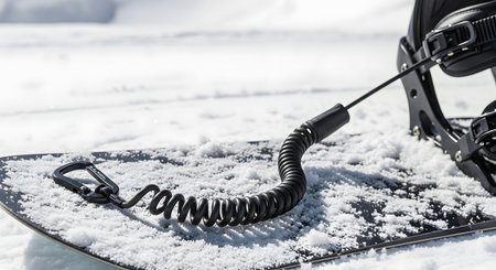 A close-up of a black snowboard leash with a carabiner attached, resting on a freshly snow-covered snowboard. Part of the binding is visible, representing winter sports, snowboarding equipment, mountain safety, and adventure.の素材