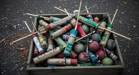 A rustic wooden box is filled with a jumble of old, vintage-style fireworks, including firecrackers and rockets. The collection evokes nostalgia and celebrations like the Fourth of July or New Year's Eve.の素材