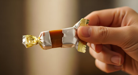 A close-up of a hand holding a single, individually wrapped caramel or toffee candy. The wrapper is partially open, revealing the brown candy, and has shiny gold foil ends, with a white and brown paper center.の素材