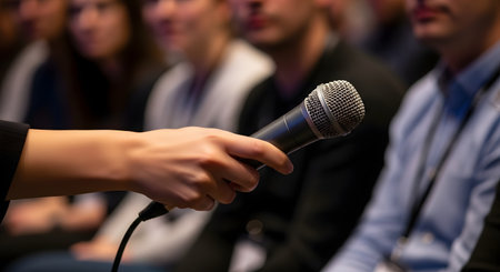 A close-up of a hand holding a microphone, extending it towards an out-of-focus audience. The setting appears to be a conference, press interview, or public speaking event. The image focuses on the act of communication, journalism, and gathering information.の素材