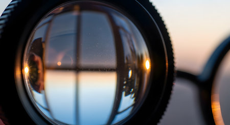 A macro, close-up shot of a dusty lens, possibly from a camera or a pair of glasses. The convex glass reflects a window and a bright sunset, highlighting the dust particles on its surface.の素材