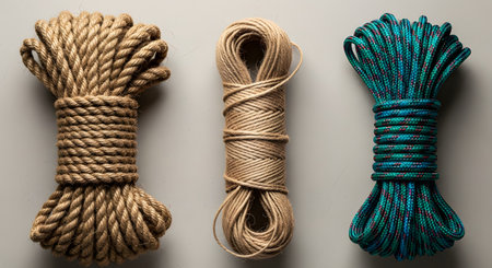 A flat lay showcasing three distinct bundles of cordage: a thick natural hemp rope, a thinner natural jute twine, and a colorful teal synthetic braided climbing rope. They are arranged side-by-side on a gray background.の素材