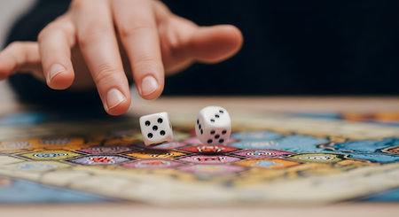 A close-up shot of a hand rolling two white dice onto a colorful board game. The dice are in mid-air, showing a five and a six, captured with slight motion blur, representing chance and leisure.の素材