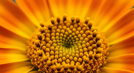 An extreme macro photograph captures the intricate center of a vibrant orange or yellow flower, possibly a calendula or daisy. The detailed patterns of the disk florets and stamens are in sharp focus, showcasing the beauty and complexity of nature.の素材