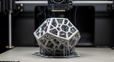 A close-up of a 3D printer in action, fabricating an intricate grey geometric object with a complex lattice or voronoi-style structure. A wisp of smoke or vapor rises from the hot nozzle as it adds another layer, highlighting the advanced process of digital fabrication. The image represents cutting-edge technology, design, and innovation.の素材