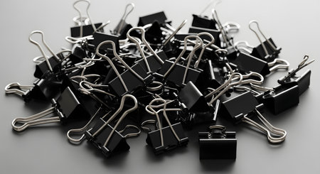 A large pile of black metal binder clips scattered on a smooth, gray surface. The metal arms of the office supplies create a chaotic, overlapping pattern, viewed from a high angle.の素材