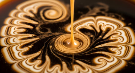 A mesmerizing macro shot of a stream of cream being poured into dark coffee, creating an intricate and beautiful swirling pattern on the surface. The abstract design, with its delicate lines and swirls, is a form of latte art and represents a delicious coffee beverage.の素材