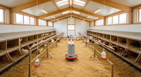The bright and clean interior of a modern, cage-free chicken coop with wooden beams and ample natural light from windows and skylights. Hens are seen in nesting boxes filled with fresh straw, and feeders and waterers are arranged throughout the space. This image represents ethical animal husbandry and sustainable egg farming.の素材