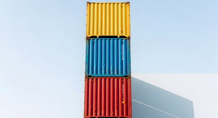 A minimalist and colorful photograph of three shipping containers stacked vertically: red on the bottom, blue in the middle, and yellow on top. The stack is set against a plain white wall and a clear blue sky, creating a strong graphic and architectural composition.の素材