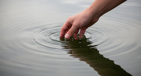 A person's hand gently touches the surface of calm, still water, with fingers dipping in. The touch creates a series of concentric ripples that spread outwards, symbolizing impact, connection, and tranquility.の素材