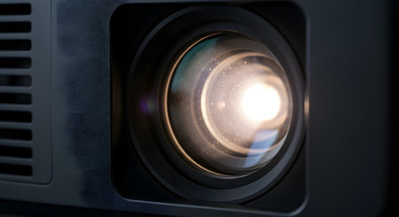 A detailed close-up of a video projector's lens, which is turned on and glowing with a bright white light. Dust particles are visible floating in the light beam, and the lens shows complex glass elements and reflections.の素材