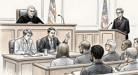 A detailed courtroom sketch illustrates a dramatic trial scene, where a lawyer makes a point to the jury. The defendant looks on with concern, while the judge presides over the proceedings in a traditional American courthouse.の素材