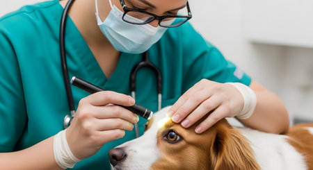 A professional female veterinarian, wearing green scrubs, a face mask, and gloves, uses a penlight to conduct a thorough eye examination on a calm brown and white dog. The setting is a bright, clean veterinary clinic. The image represents pet healthcare, animal medicine, and compassionate care.の素材