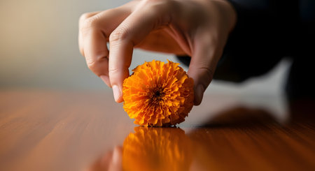 A person's hand is gently holding or placing a vibrant orange marigold flower onto a polished, reflective wooden table. The warm lighting and delicate gesture suggest an offering, a moment of peace, or a spa and wellness concept.の素材