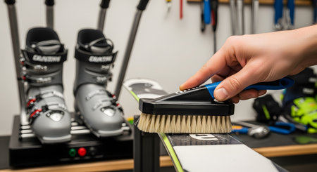 A close-up of a hand using a stiff bristle brush on the base of a ski, which is held in a vise. In the background, ski boots are on a dryer and other tools hang on a wall. This image shows the process of ski maintenance, waxing, and tuning in a workshop.の素材