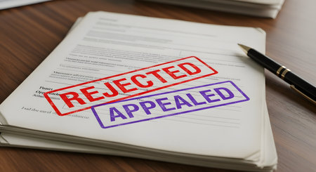 A close-up of a legal document or application that has been stamped with 'REJECTED' in red and 'APPEALED' in purple. The image, which includes a pen on a wooden desk, represents bureaucracy, denial, second chances, and the legal process.の素材