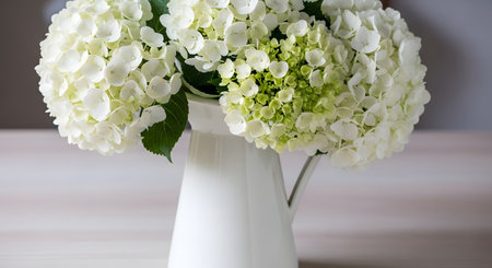 Large, fluffy blooms of white and light green hydrangea flowers fill a white ceramic pitcher. The elegant bouquet sits on a light-colored wooden table, creating a fresh, clean, and classic floral arrangement.の素材