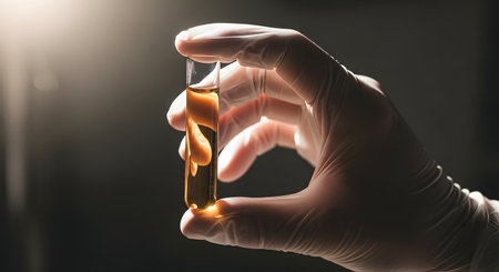 A scientist's gloved hand holds up a glass test tube containing a swirling, opaque brown or orange liquid. The vial is backlit, highlighting the fluid against a dark laboratory background.の素材