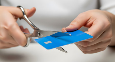 A close-up of a person's hands using a pair of metal scissors to cut a blue credit card in half. This action symbolizes becoming debt-free, financial freedom, closing an account, or destroying an expired card.の素材