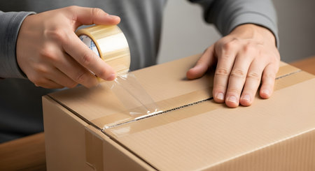 A person's hands are shown carefully applying clear packing tape to seal a brown cardboard box. This action is common for shipping packages, moving house, or storing items, representing logistics and preparation.の素材