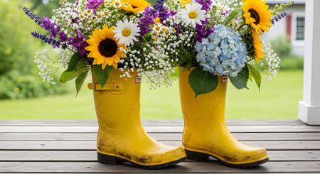 A pair of muddy yellow rain boots are creatively repurposed as vases, overflowing with a vibrant bouquet of summer wildflowers, including sunflowers, daisies, and lavender. This charming arrangement sits on a wooden porch, evoking a rustic, garden-fresh feeling.の素材