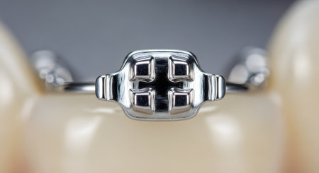 An extreme macro photograph of a single metal dental brace (bracket) attached to the surface of a tooth. The image shows the intricate detail of the orthodontic appliance, used for aligning and straightening teeth.の素材