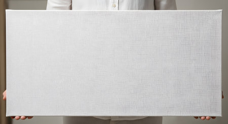 A person wearing a light-colored shirt holds up a large, rectangular, blank white canvas. The canvas is textured and stretched on a frame, providing a perfect copy space or mockup for art or text. The background is neutral and out of focus.の素材