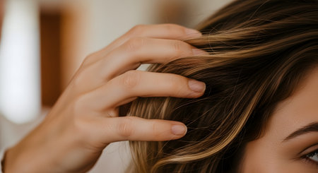 A close-up shot focusing on a woman's hand gently running through her smooth, healthy brown hair. The hair has subtle blonde highlights (balayage). The image highlights hair care, beauty, texture, and a sense of calm or self-care.の素材
