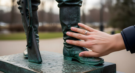A close-up shot of a person's hand, wearing a wedding ring, gently touching the bronze boot of a statue. The statue, likely of a soldier given the rifle visible, has a green patina, and the background is a blurred park, suggesting themes of history, remembrance, or connection to the past.の素材