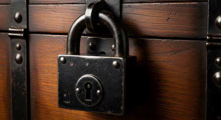 A close-up shot of a vintage black iron padlock securing a dark wooden chest. The rustic lock has a keyhole and is attached to a metal hasp, evoking themes of security, mystery, and hidden treasures.の素材