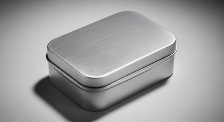 A black and white photograph of a small, rectangular tin box with a lid, shot on a plain gray surface. The container is made of brushed metal, giving it a sleek, modern texture. The simple, minimalist composition highlights the object's shape and metallic finish.の素材