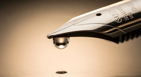 A dramatic macro shot of a silver fountain pen nib with a single, perfect drop of black ink hanging from the tip, about to fall onto a surface below. The warm, soft lighting creates a sophisticated and classic mood, symbolizing writing, creativity, precision, and literature.の素材