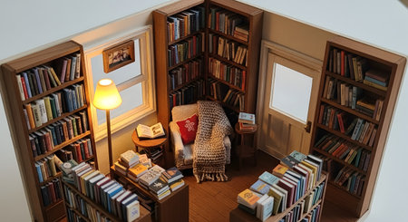 A detailed miniature model, or book nook diorama, depicts a cozy library. It features tiny, colorful books filling multiple bookshelves, a comfortable armchair with a blanket, a glowing floor lamp, and a window, creating a warm, inviting scene.の素材