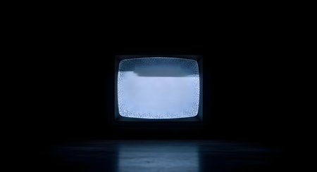 A vintage CRT television set glows in a pitch-black room, its screen filled with flickering white noise static. The solitary screen casts a faint blue light on the floor, creating an eerie, retro, and mysterious atmosphere.の素材
