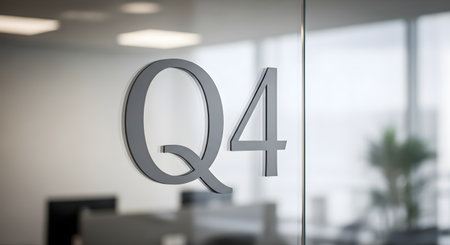 The text 'Q4' is displayed in modern, gray lettering on a glass wall or door in a bright, contemporary office setting. The image represents the fourth quarter of the fiscal year, a concept related to business, finance, reporting, and deadlines.の素材