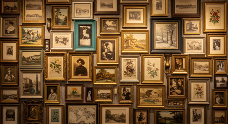 A wall is densely covered with a large collection of vintage photographs, portraits, and illustrations in ornate, mismatched frames. This eclectic gallery wall creates a nostalgic, artistic, and antique atmosphere.の素材