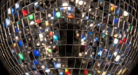 A macro close-up of a glittering disco ball. The small, square mirror tiles reflect colorful lights (blue, green, red, yellow) from the surrounding party environment. The image evokes fun, nightlife, disco, party, and celebration.の素材