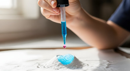 A person's hand holds a pipette, dropping a colorful liquid onto a small pile of white powder, causing a chemical reaction. This scene depicts a fun and educational science experiment, demonstrating chemistry concepts for children at home or in a lab.の素材