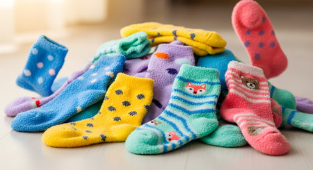 A messy, cheerful pile of colorful and fuzzy children's socks lies on a light-colored floor. The socks have various patterns, including polka dots, stripes, and animals, conveying warmth, childhood, and coziness.の素材