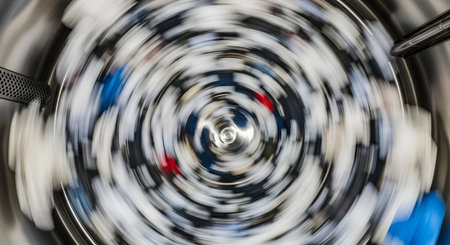 An abstract, long-exposure shot from inside a washing machine, showing a radial motion blur of clothes spinning rapidly during the spin cycle. The image conveys speed, motion, and the process of doing laundry.の素材