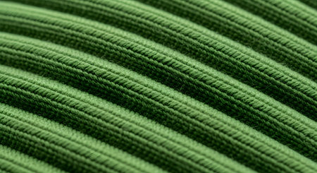 A detailed macro photograph of a green ribbed knit fabric, showing the texture and parallel lines of the weave. The image serves as a great background for concepts related to textiles, clothing, fashion, and material.の素材