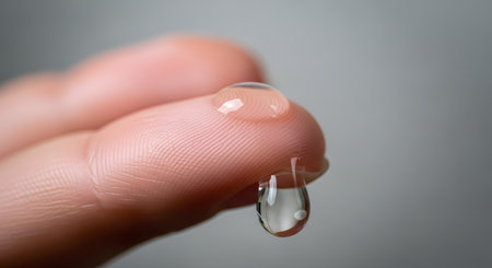 A macro close-up shot of a single, clear drop of liquid, possibly water, gel, or serum, sitting on the tip of a finger. The intricate ridges of the fingerprint are clearly visible through the transparent droplet.の素材